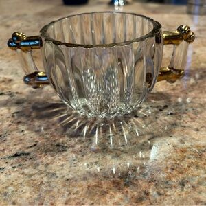 Jeannette Glass Co. “National” pattern open sugar bowl w/ 22K gold trim handles.
